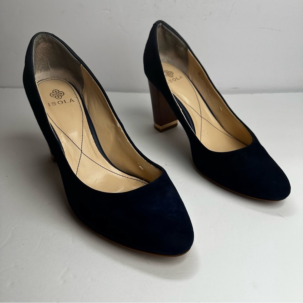 Isola Eleni Blue Suede Pumps Women's Size 11 Shoes Round Toe Block Heel Navy